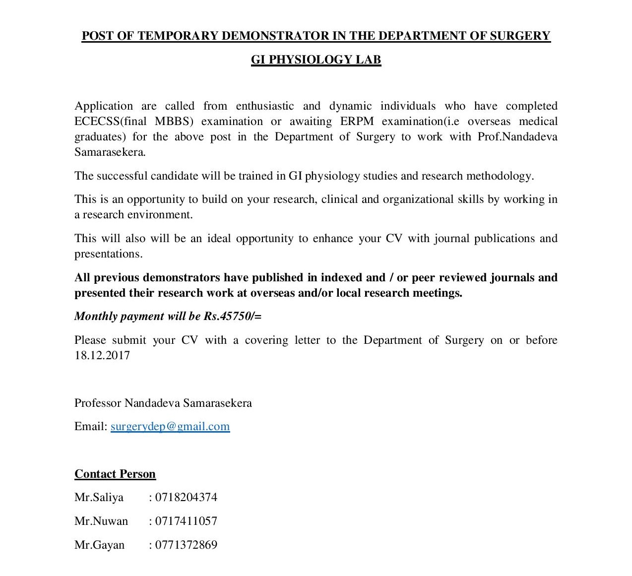 Temporary Demonstrator - Department of Surgery - Faculty of Medicine - University of Colombo